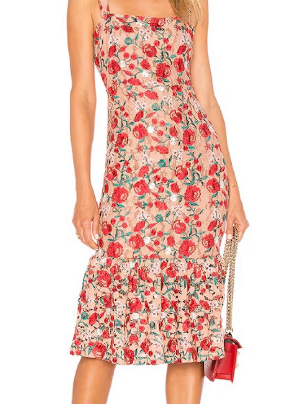 Lovers & Friends Under The Stars Midi | Red Floral Midi Dress with Ruffle Hem